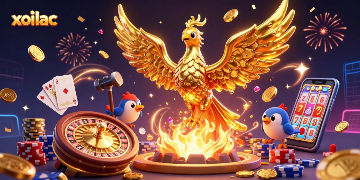 Xoilac's molten phoenix emerges from a forge, symbolizing exhilarating online casino experiences, as coins and lights cascade.