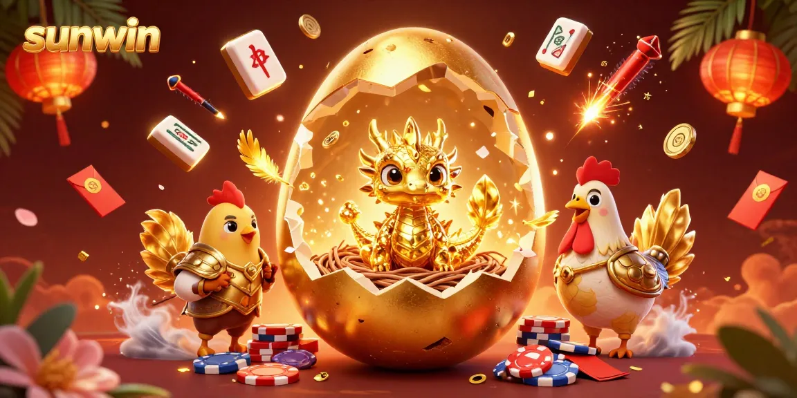 Join the fun at sunwin with a captivating scene showcasing golden gaming elements and a baby dragon.