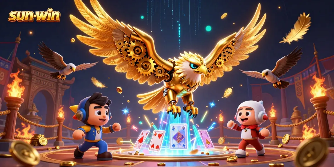 Experience the thrill of sun-win with a cybernetic eagle flying through holographic cards.