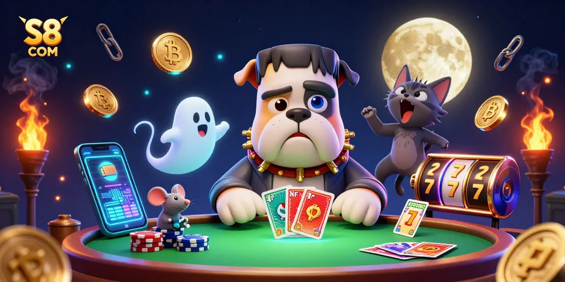 Engage in immersive S8 COM gaming with a lively 3D scene featuring animated monsters and cryptocurrencies.