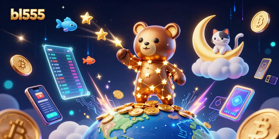 Engage in the vibrant world of bl555 with constellation characters interacting and collecting digital rewards amid a dazzling casino backdrop.
