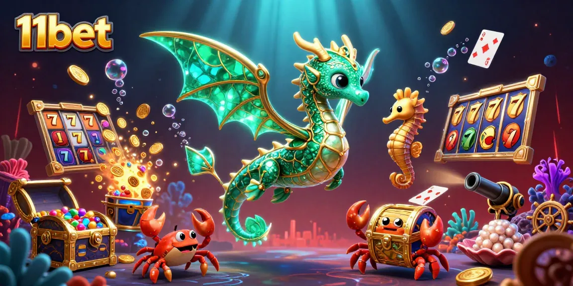 11bet scene showcasing a vibrant 3D sea dragon and treasure chest in a bustling underwater casino atmosphere.