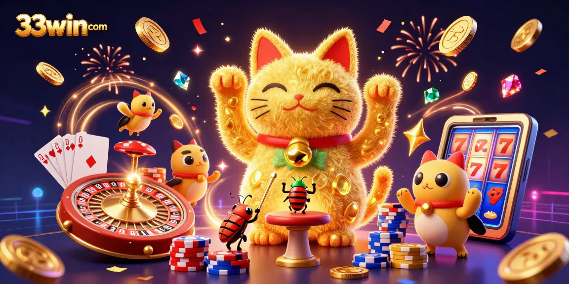 Experience the excitement at 33win com with a vibrant 3D lucky cat and casino elements.