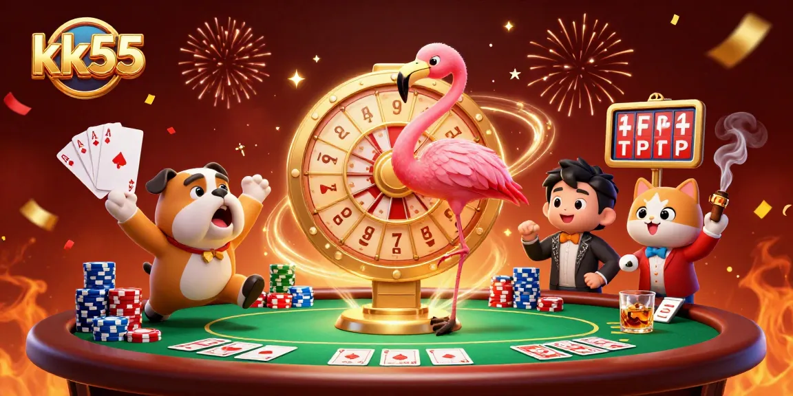 Experience excitement at kk55 with a vibrant game show scene featuring lively characters and casino elements.