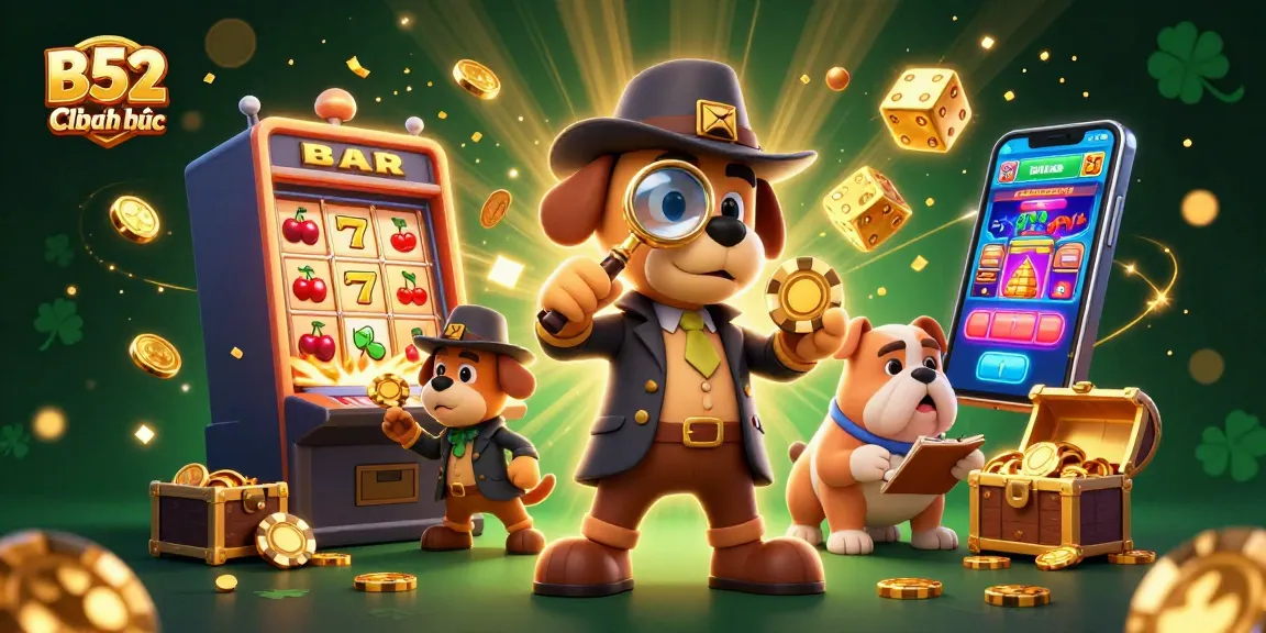 B52 Club chính thức highlights golden poker chips and casino excitement, featuring character-rich detective scene.