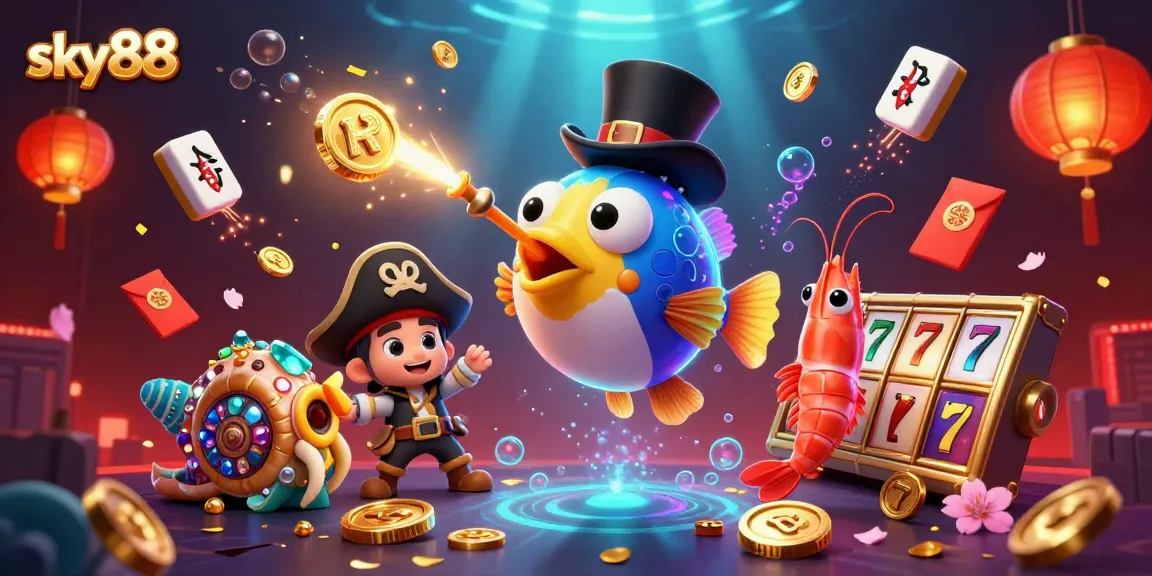 Engage with sky88's vibrant underwater casino scene featuring a lucky anglerfish and treasure-filled characters.