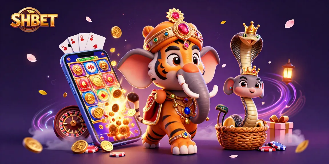 Experience exciting games at SHBET with a vibrant 3D scene, featuring a regal maharaja and thrilling casino elements.