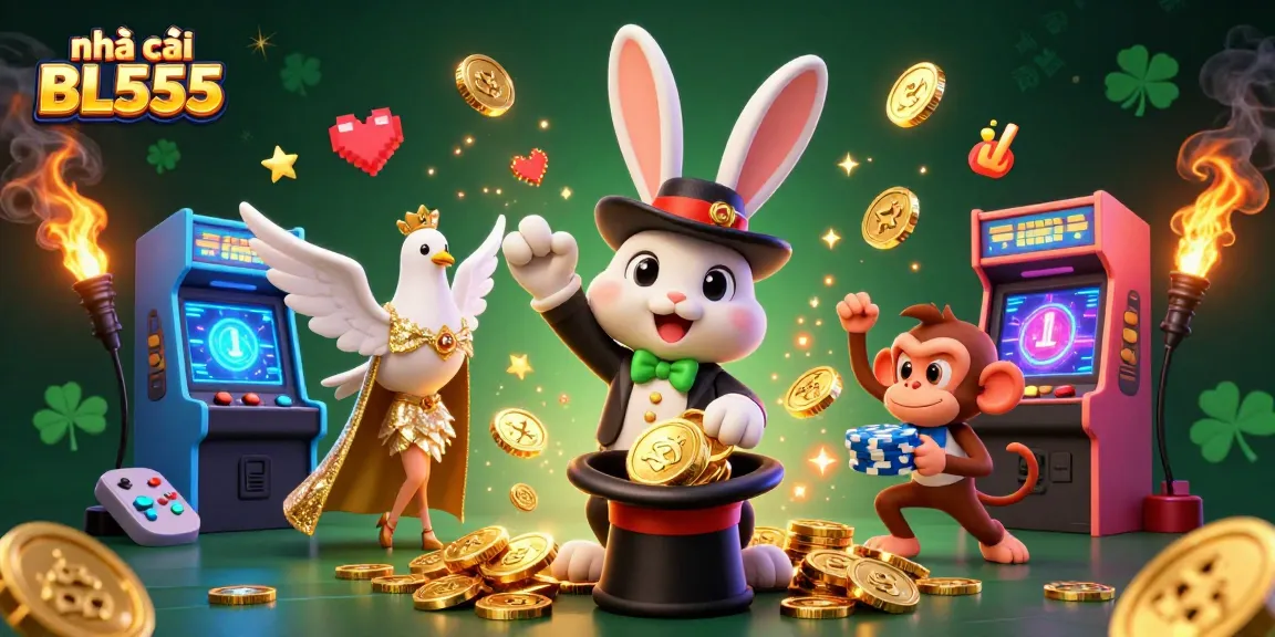 Engage with the exciting world of nhà cái BL555 featuring a jailed monkey, rabbit and dove amidst energetic casino elements.