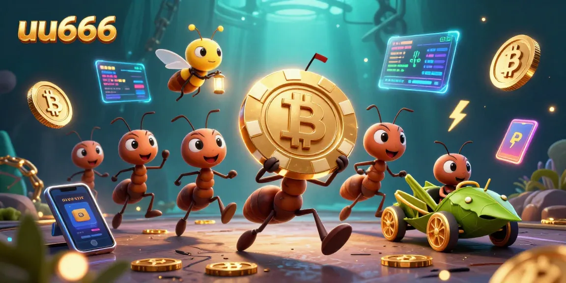 Engaging scene of a heist team with ants at uu666 casino, featuring a golden poker chip and crypto elements