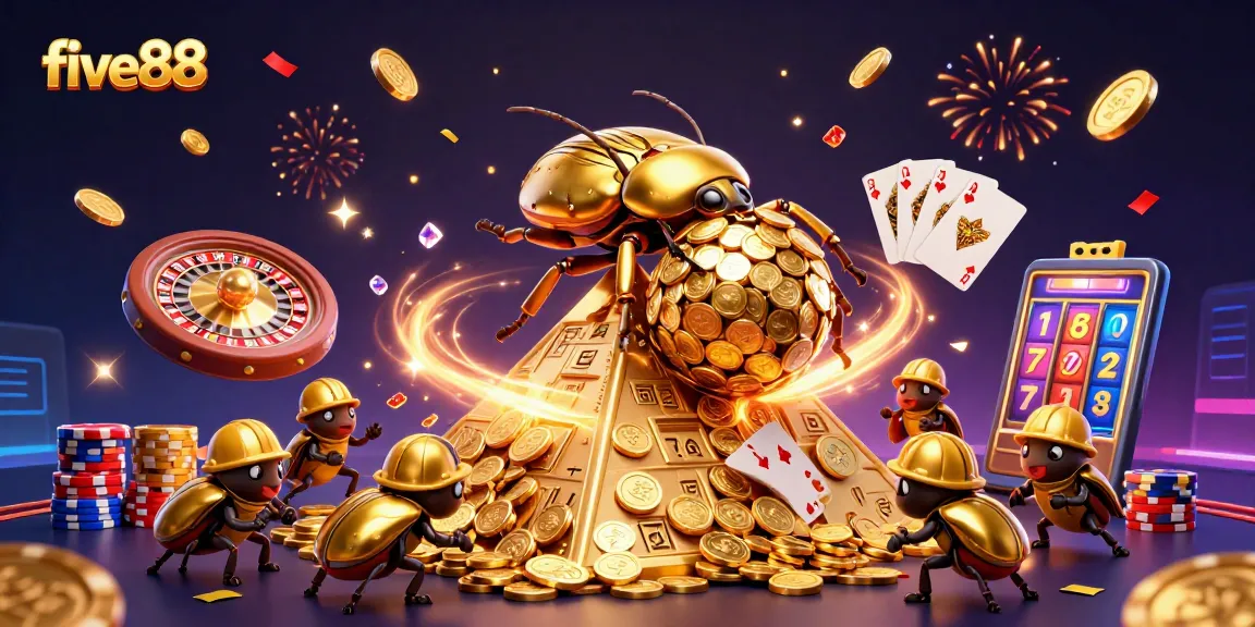 Bet on five88 with a thrilling scene of a golden beetle at a casino pyramid.