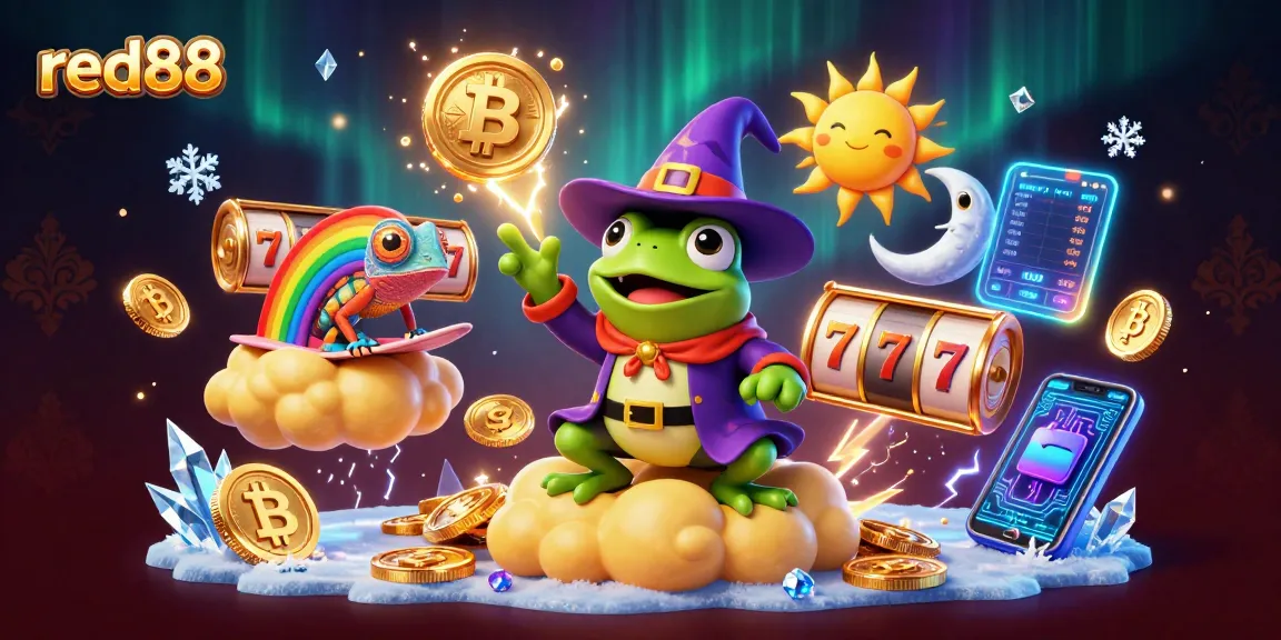 Encounter the magic of red88 with a vibrant 3D illustration of a frog wizard storming coins and a chameleon surfing a cloud.