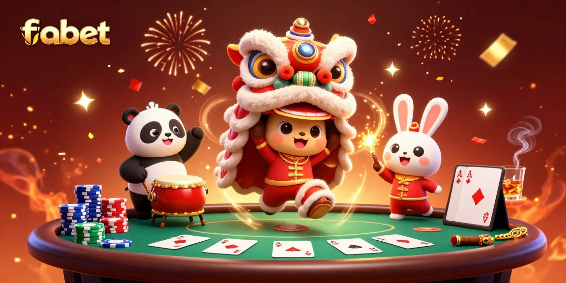 Experience fabet's lively scene with a lion dance, poker elements, and festive characters.