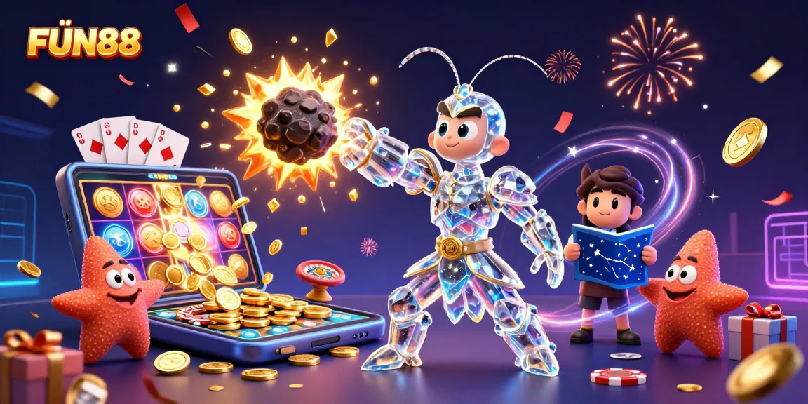 Engage in thrilling FUN88 gaming adventures with a galactic mantis shrimp and starfish amidst sparkling casino elements.
