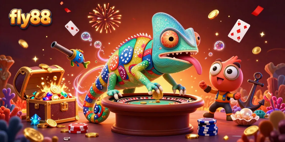 Experience the excitement of fly88 with a vibrant casino-themed chameleon illustration.