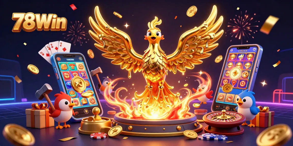Experience thrilling action with 78Win as golden coins pour from a phoenix in a vibrant casino scene.