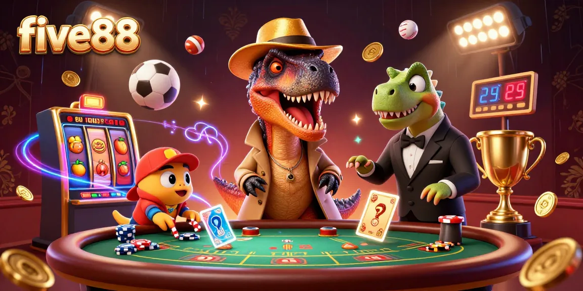 Experience intense blackjack action with five88, as a velociraptor card counter and dino pit boss create a thrilling scene.