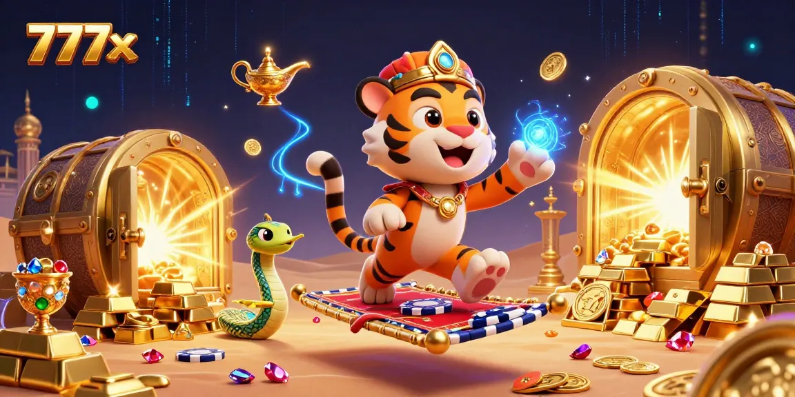 Experience the excitement of 777x with a vibrant 3D casino scene featuring a tiger sultan and gold treasures.