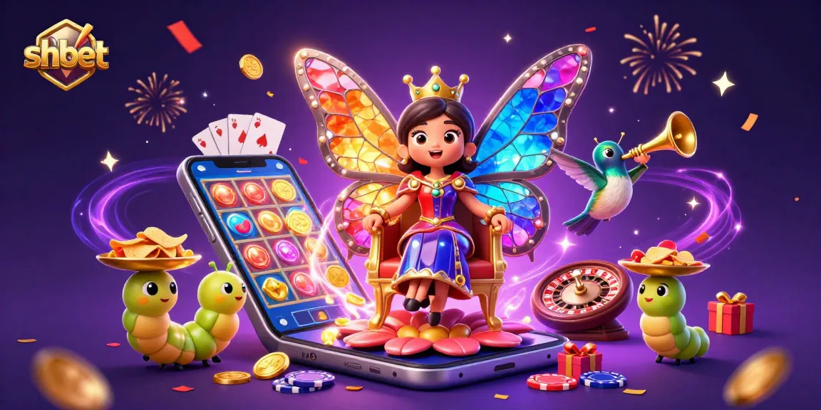Experience shbet's thrilling slots with golden chips and a magical butterfly queen.